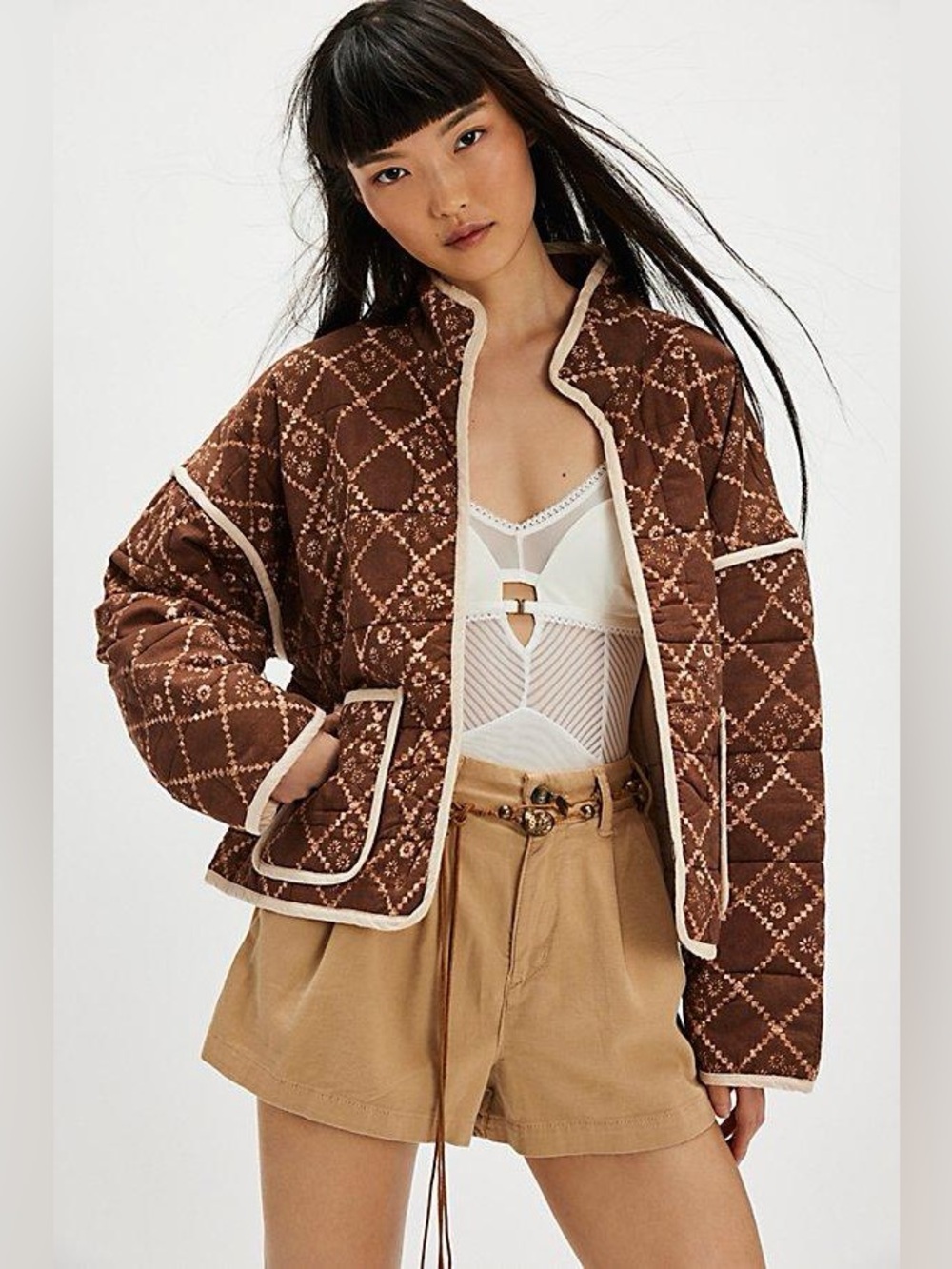Free People Chloe Quilted Brown Floral Jacket XL